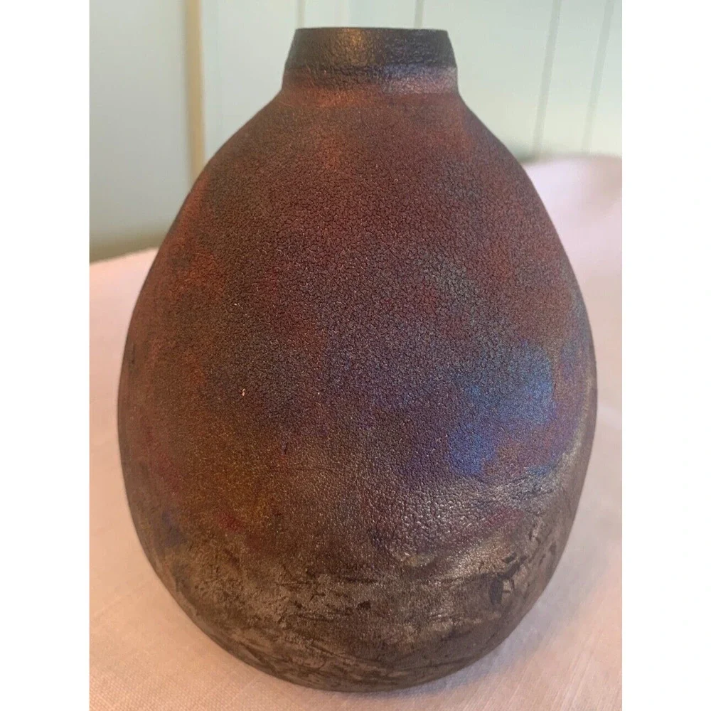 Raku Ceramic Pottery Vase, Dark Blue Gray Reds Signed by Artist.